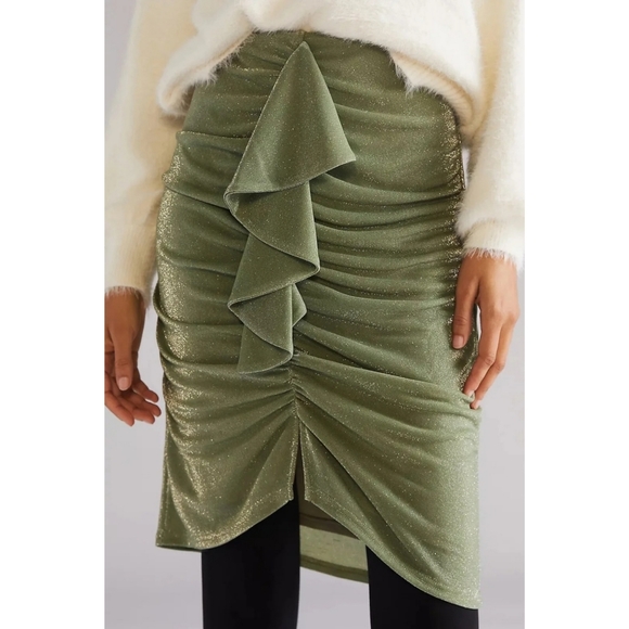 Anthropologie x Mare Mare Ruched Ruffled Mini Skirt Moss - Picture 2 of 7
